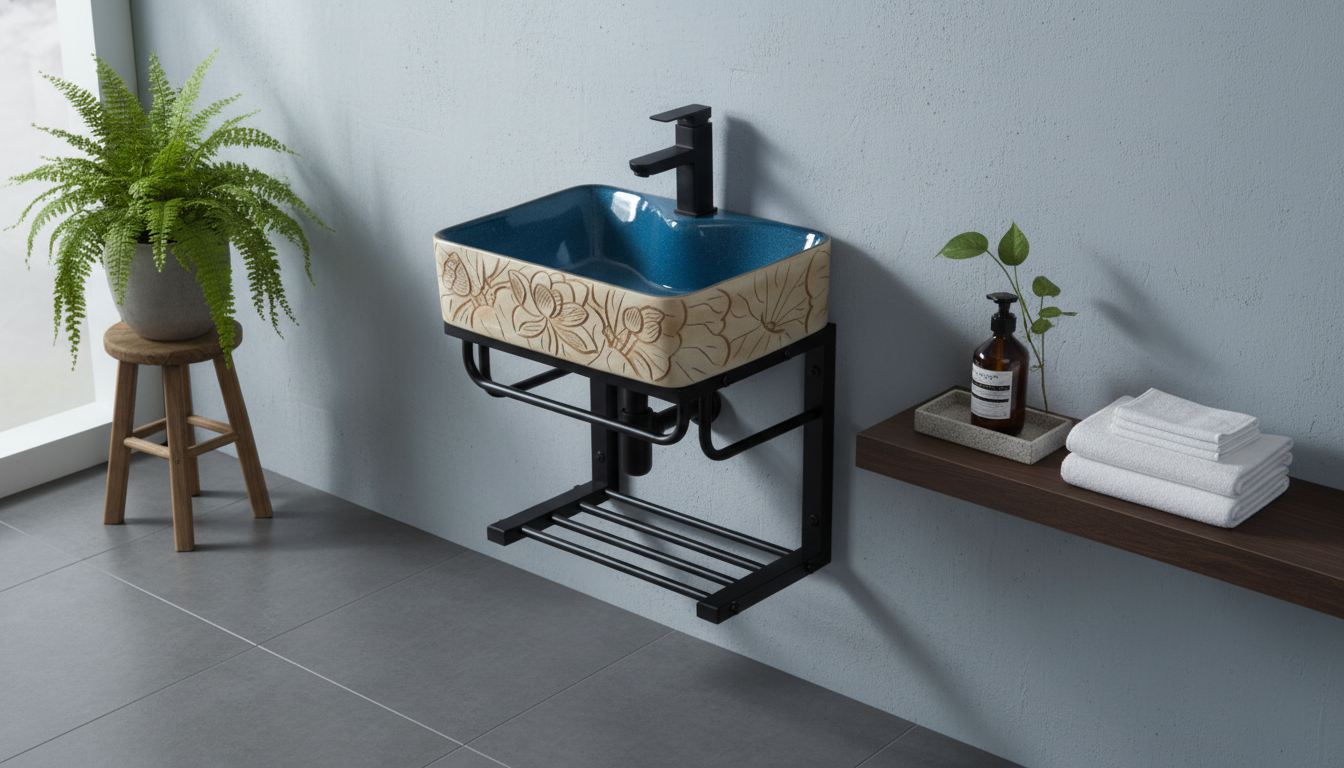 Lotus-Pattern Wall-Mount Sink with Steel Stand Guide