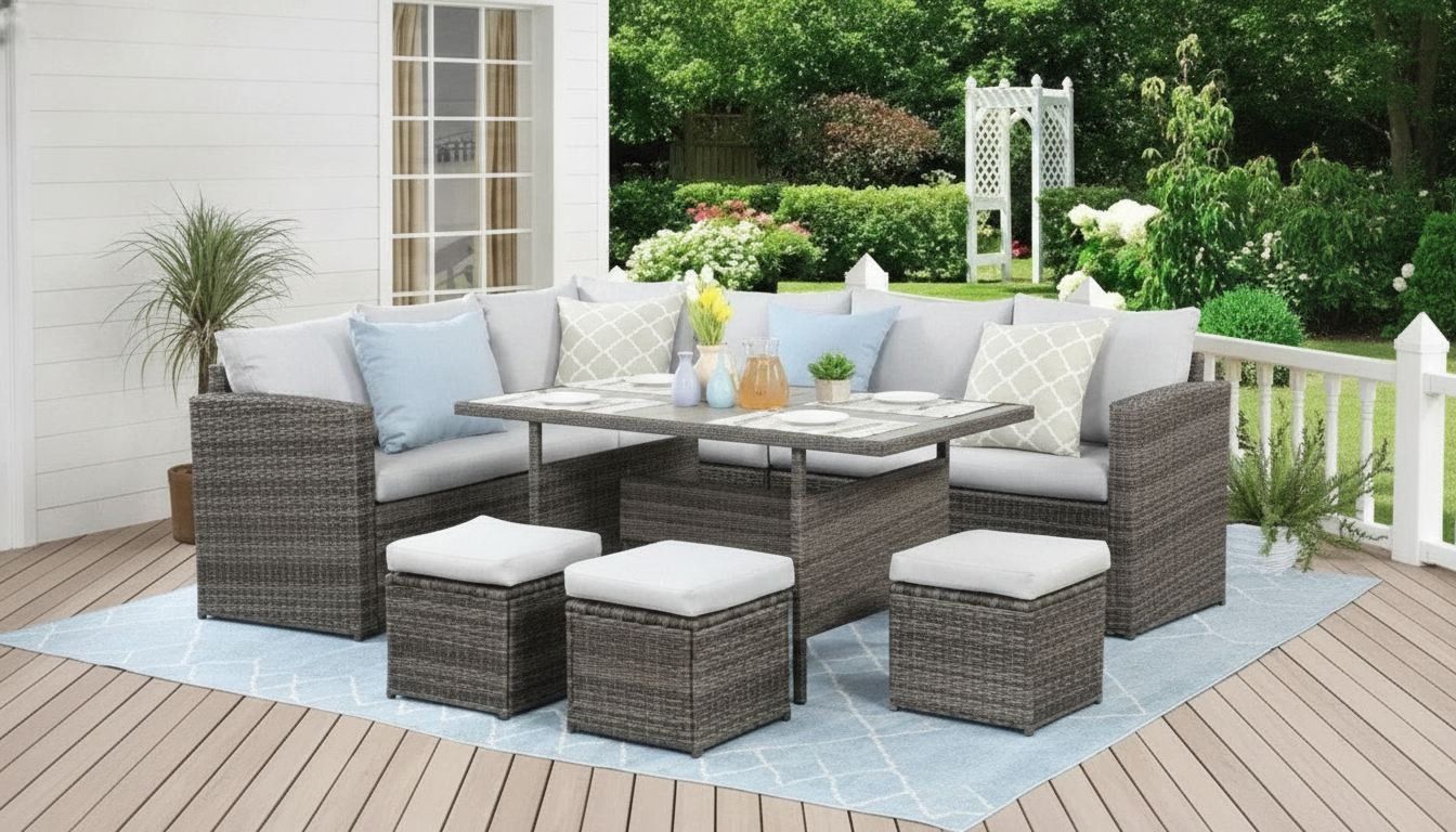 7-Piece Wicker Rattan Patio Dining Set: Table + Ottomans