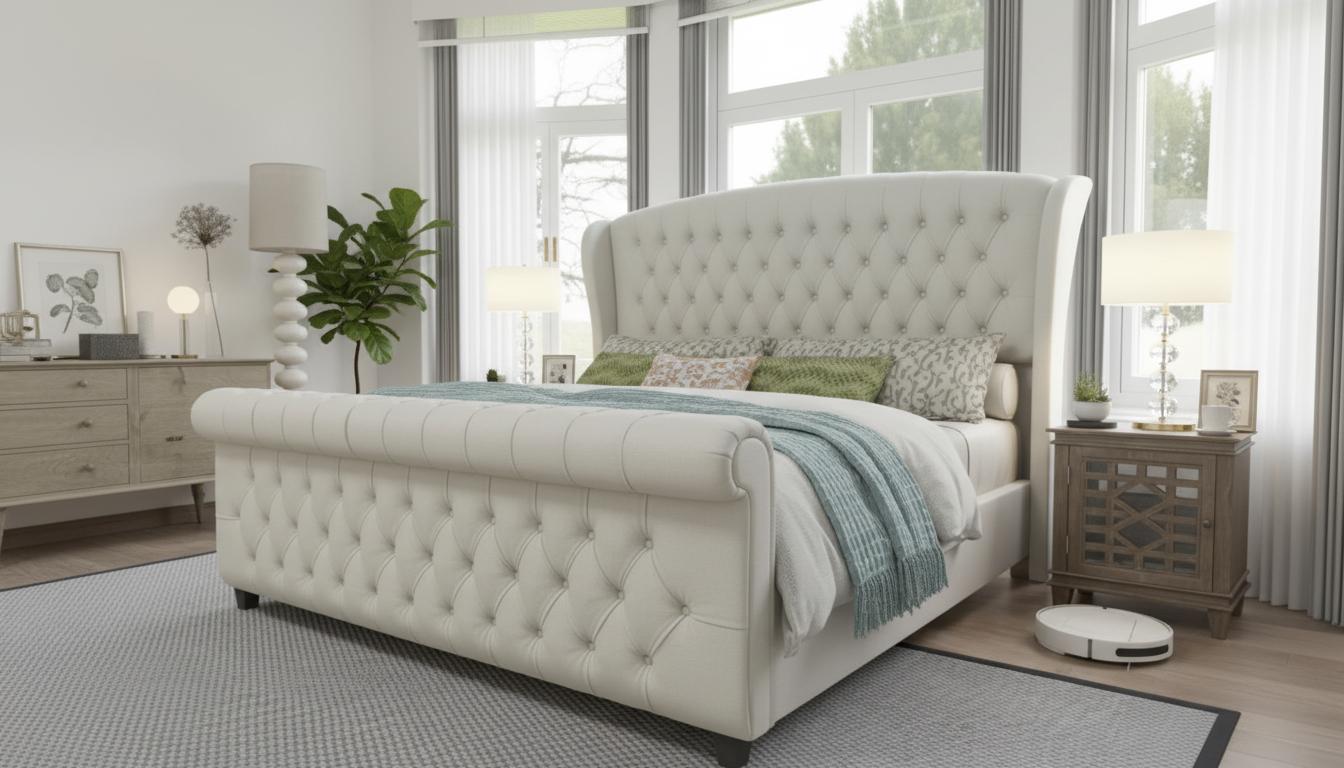 King Chenille Sleigh Bed Frame with Scroll Wingback