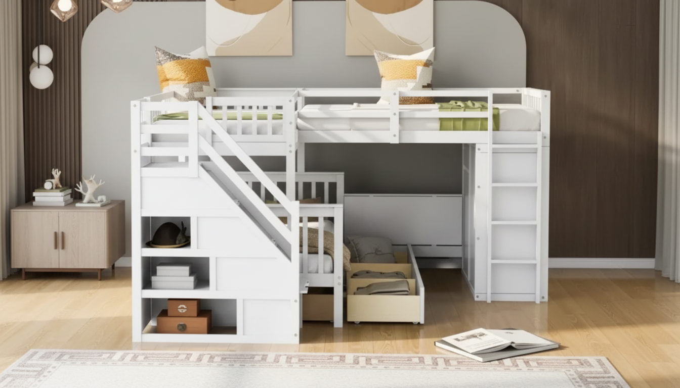 L-Shaped Triple Bunk: Desk, Stairs, Wardrobe & Storage