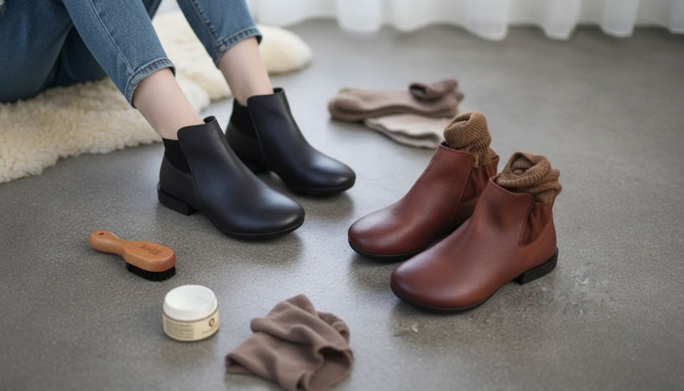 Mixed-Color Leather Low-Heel Ankle Boots: Fit & Care
