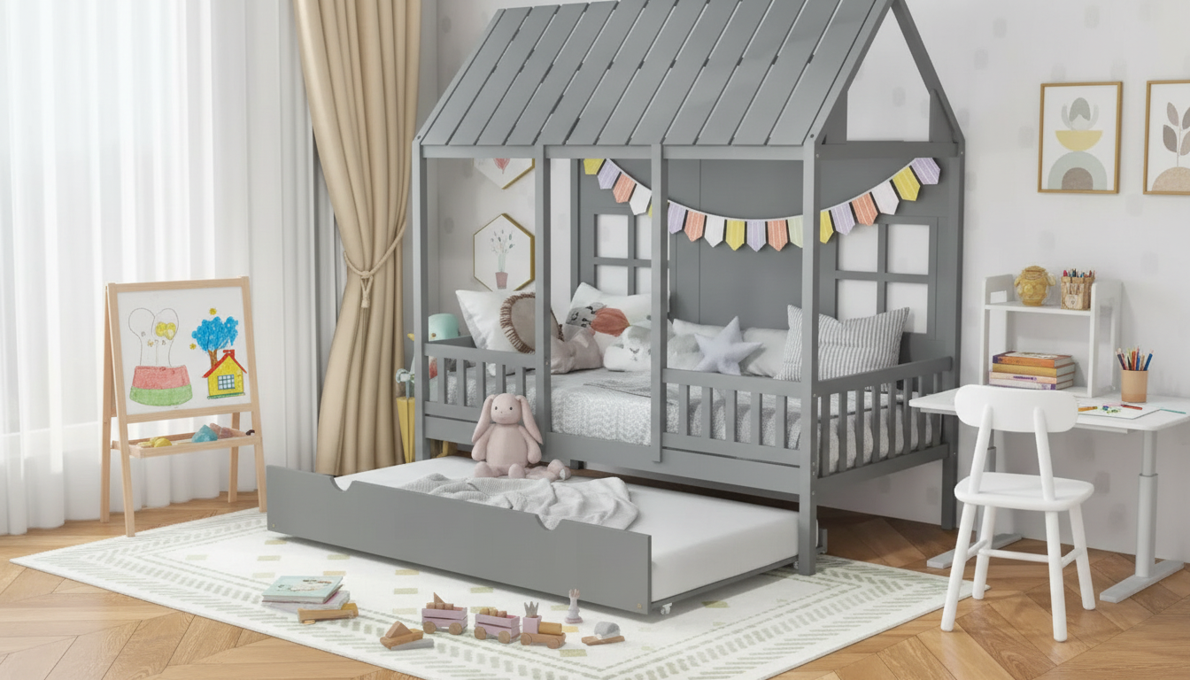 Twin House Bed with Trundle, Guardrails & Slat Support