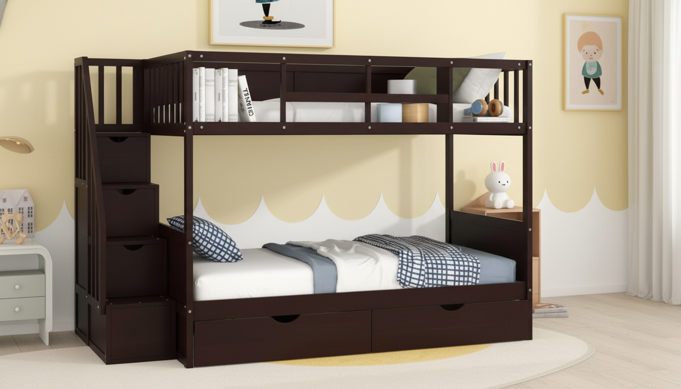 Twin-Over-Full Wooden Bunk Bed: Stairs, Shelves & Drawers