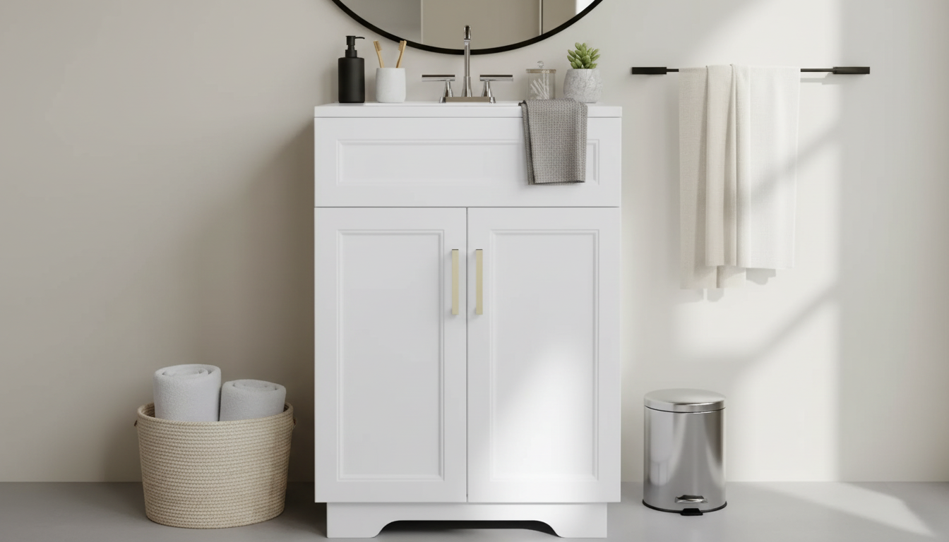 24-Inch Modern Grey Vanity: Ceramic Sink + Storage