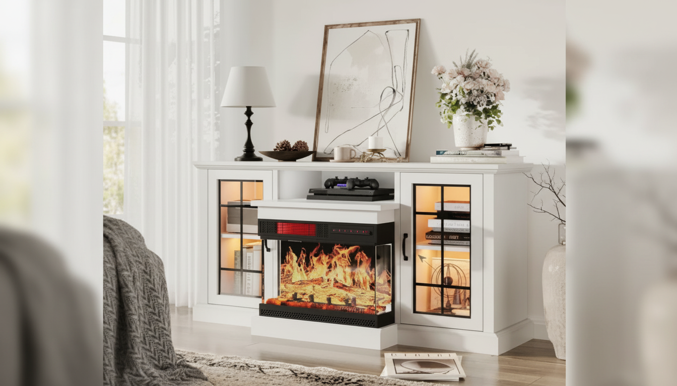 59-Inch Fireplace TV Stand: Glass Doors, Fits 65" TVs