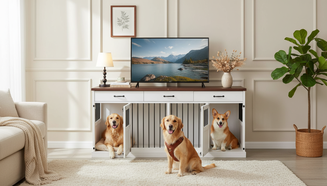 70.9in Wooden Dog Crate TV Stand for 2 Dogs