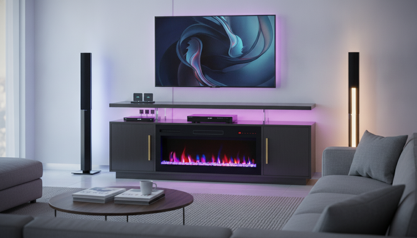70-Inch TV Stand with Fireplace, LEDs, USB/AC & Storage