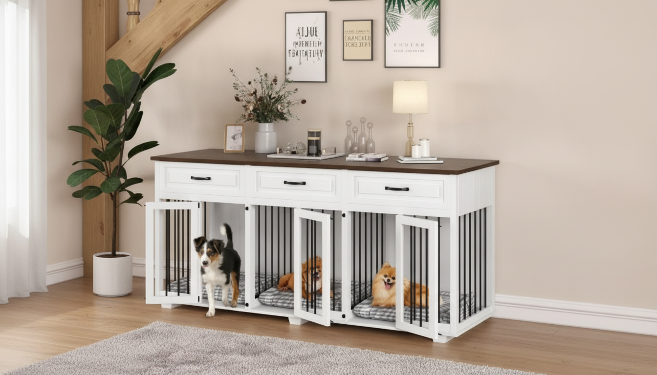 71-Inch Wooden Dog Crate Cabinet: 3 Rooms + Drawers