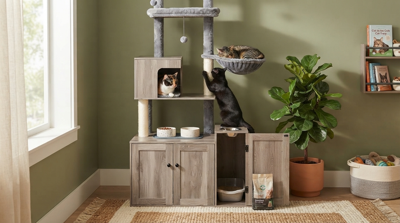 All-in-One Cat Tree: Litter, Food Station & Storage