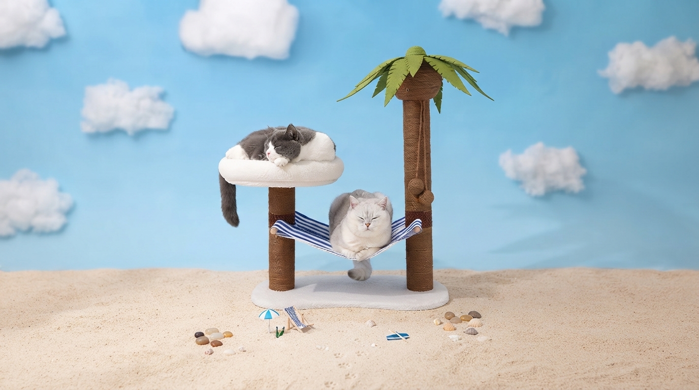Coconut Tree Cat Scratching Tower: Hammock & 2 Levels