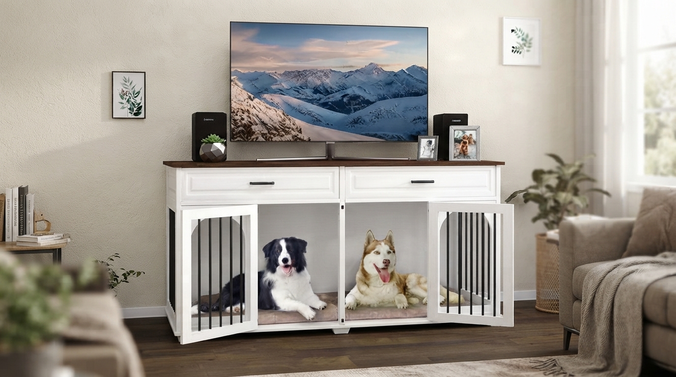 Furniture-Style Dog Crate: Divider, Drawers & TV Top