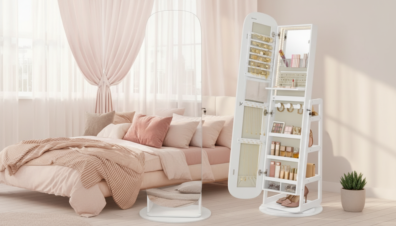 Lockable Swivel Mirror Jewelry Cabinet with LEDs Guide