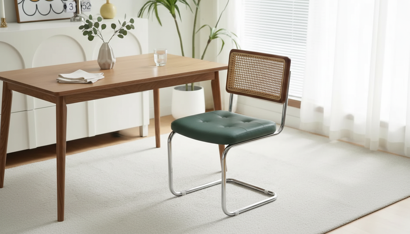 Rattan Back + PU Leather: Mid-Century Armless Chairs