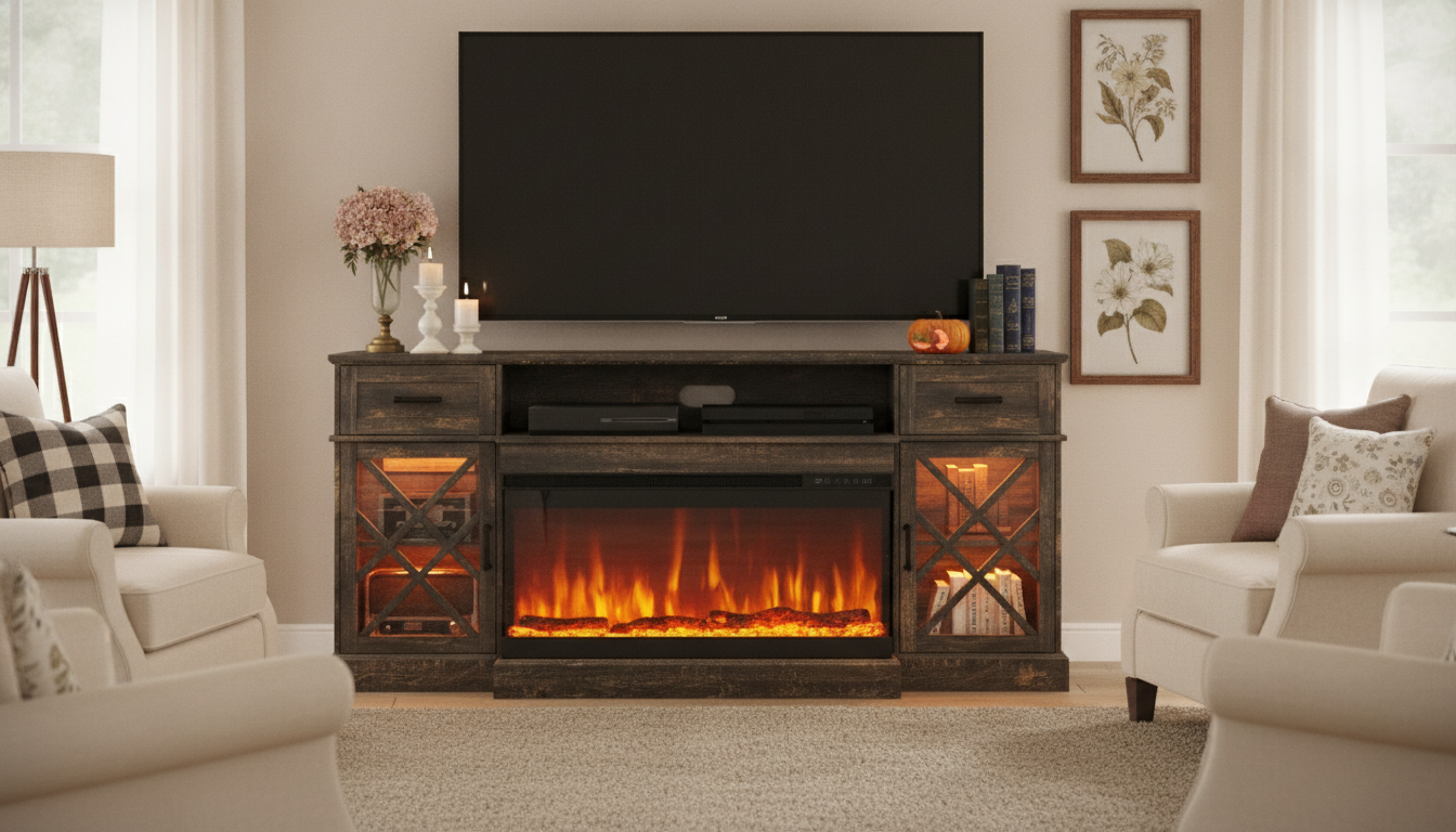Rustic Farmhouse LED Fireplace TV Stand for 80″ TVs