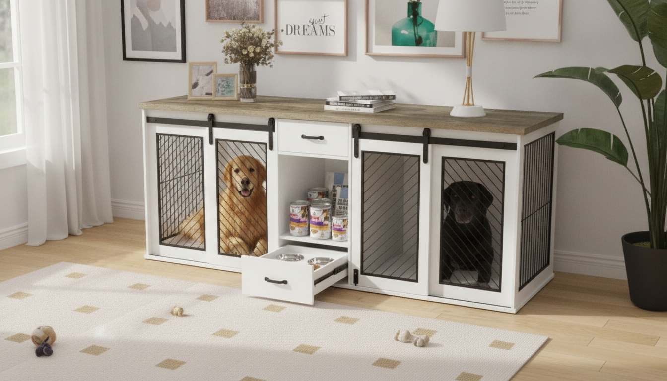 Sliding Door Double Dog Crate Furniture: Bowls + Drawer