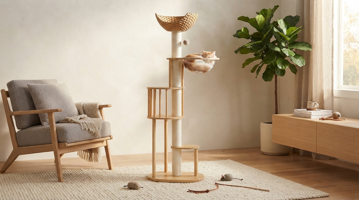 Solid Wood Multi-Tier Cat Tree: Bed, Toys & Sisal