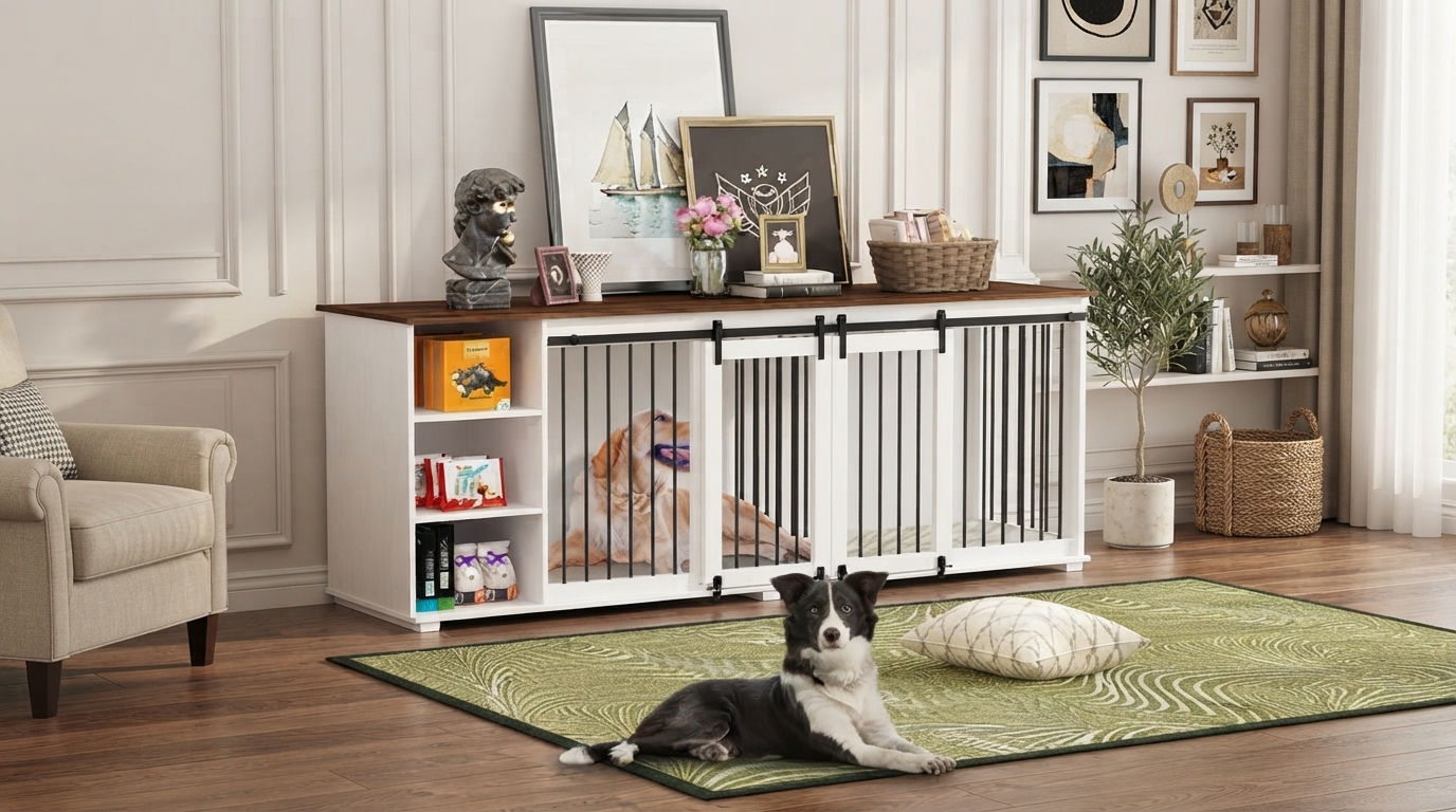 Wooden Dog Crate Furniture: Shelves, Divider & Sliding Door