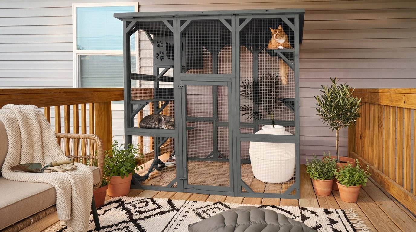 Wooden Outdoor Cat Enclosure: Roofed House & Platforms