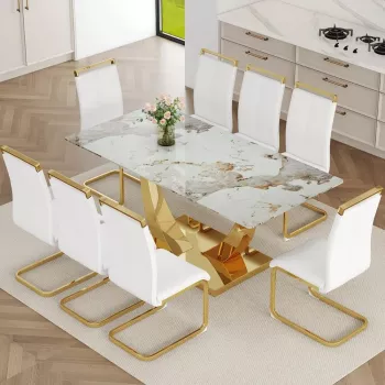 71-Inch Gold Dining Set for 8: PU Leather Chairs