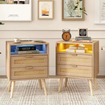 Boho Rattan Nightstands (Set of 2) with Charging + LEDs